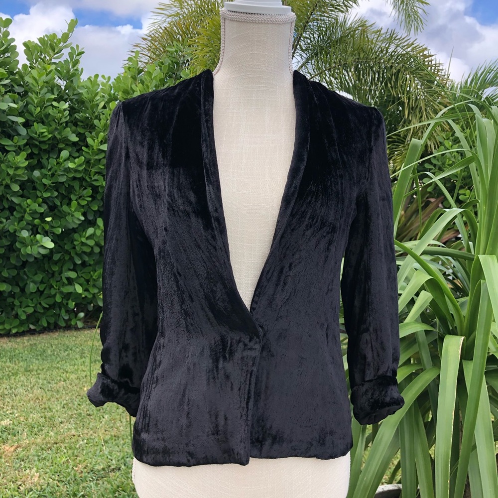 FILIPPA K BLACK CRUSHED VELVET 3/4 ROLLED SLEEVE BLAZER SIZE XS EUC